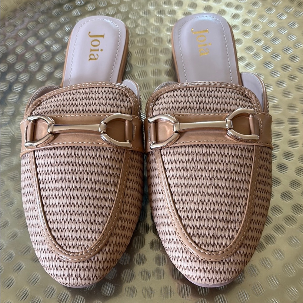 Tan Woven Mules with Gold Hardware